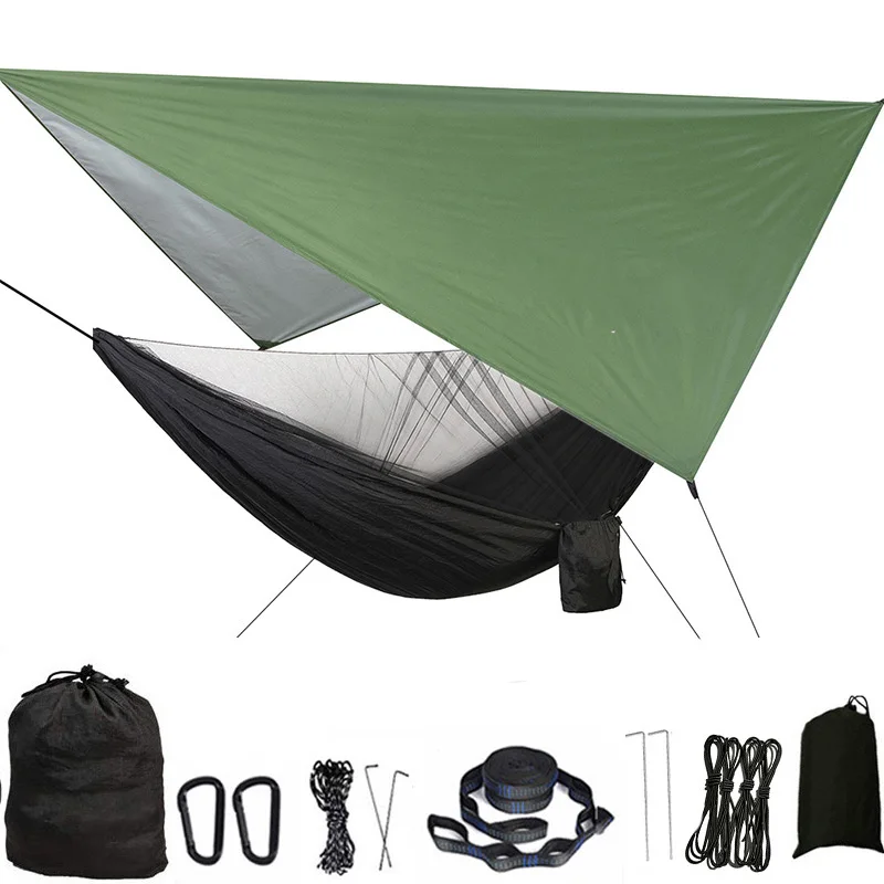 Camping Hammock Mosquito Net and Rain Fly Tarp Portable Tent Parachute Hammock with Tree Strap Indoor Outdoor Backpacking Travel 