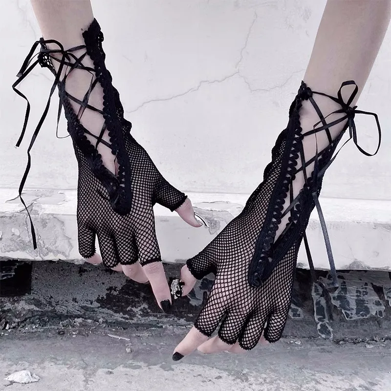 

New Gothic Lolita Bandage Fishnet Long Half-Finger Hand Gloves Cuff Women Men Sexy Mesh Black Punk Outdoor Goth Stretchy Mittens