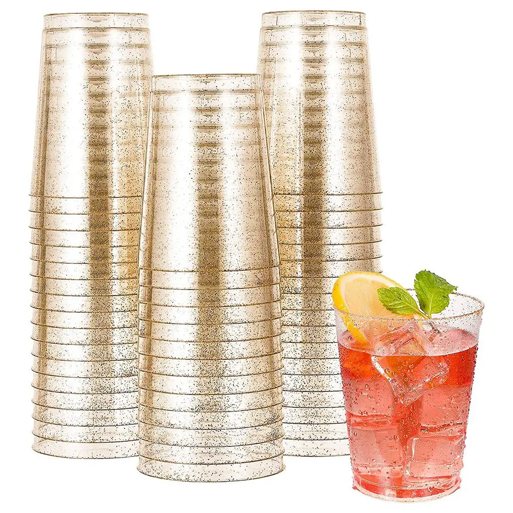 

Золотые пластиковые стаканы, одноразовые пластиковые стаканы для вина с золотыми блестками, прозрачные пластиковые стаканы, стаканы для рождественской вечеринки