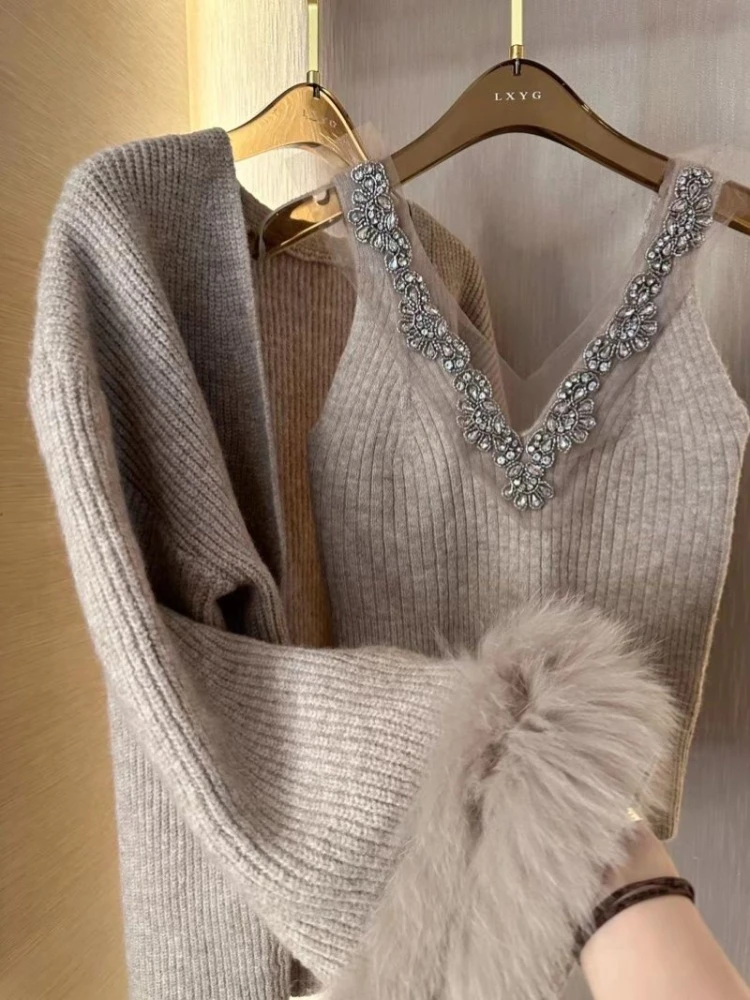 الثقيلة الماس الخامس الرقبة مثير سليم صالح محبوك سترة الخريف الشتاء طويلة الأكمام سترة معطف المرأة 2025 جديد قطعتين مجموعات