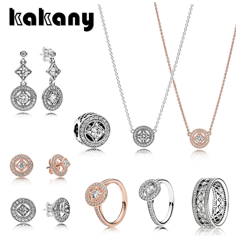 

925 Standard Sterling Silver Women's Classic Vintage Rose Gold Ring Earrings Necklace Original Fashion Wedding Jewelry