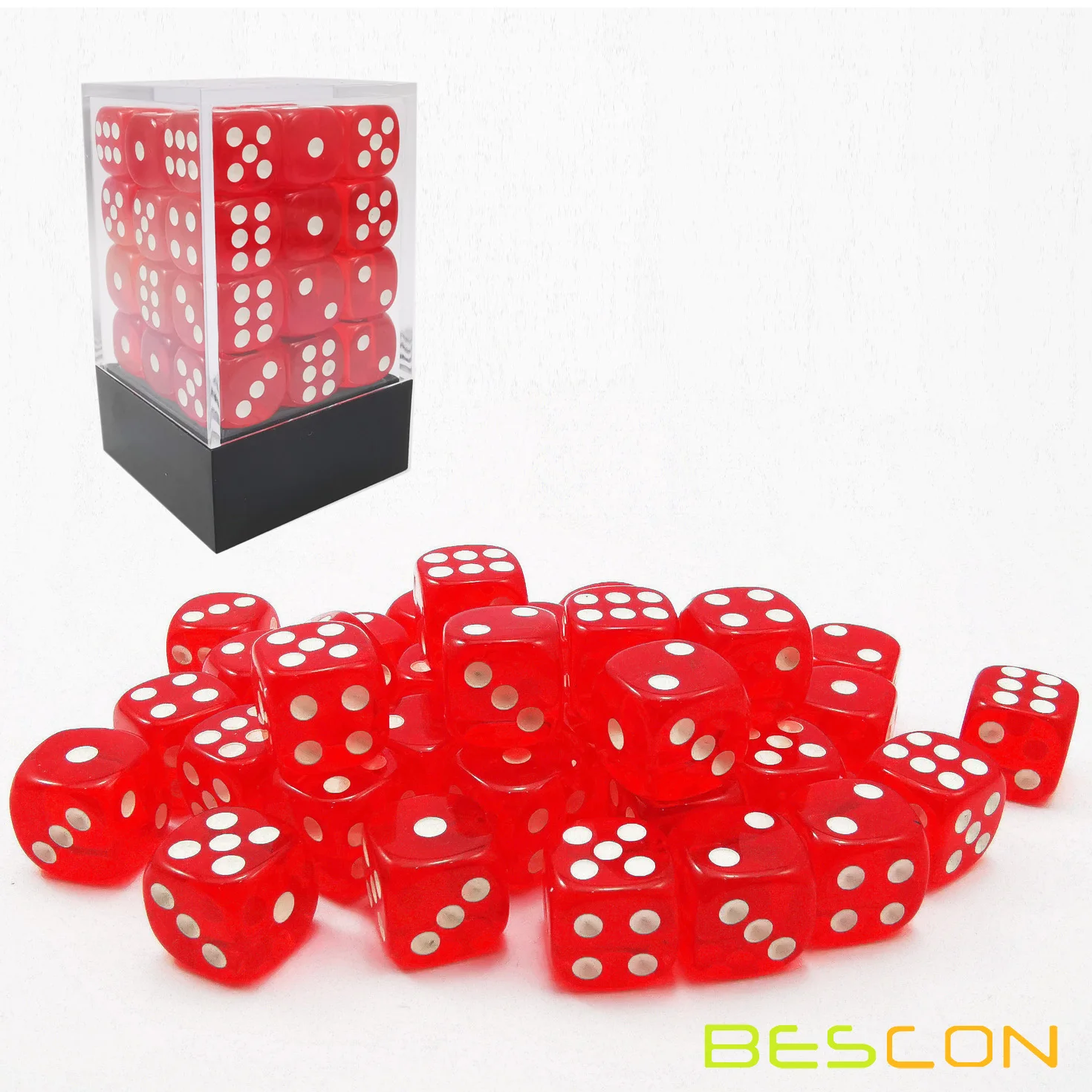 Bescon 12mm 6 Sided Dice 36 in Brick Box, 12mm Six Sided Die (36) Block of Dice, Translucent Red with White Pips 2