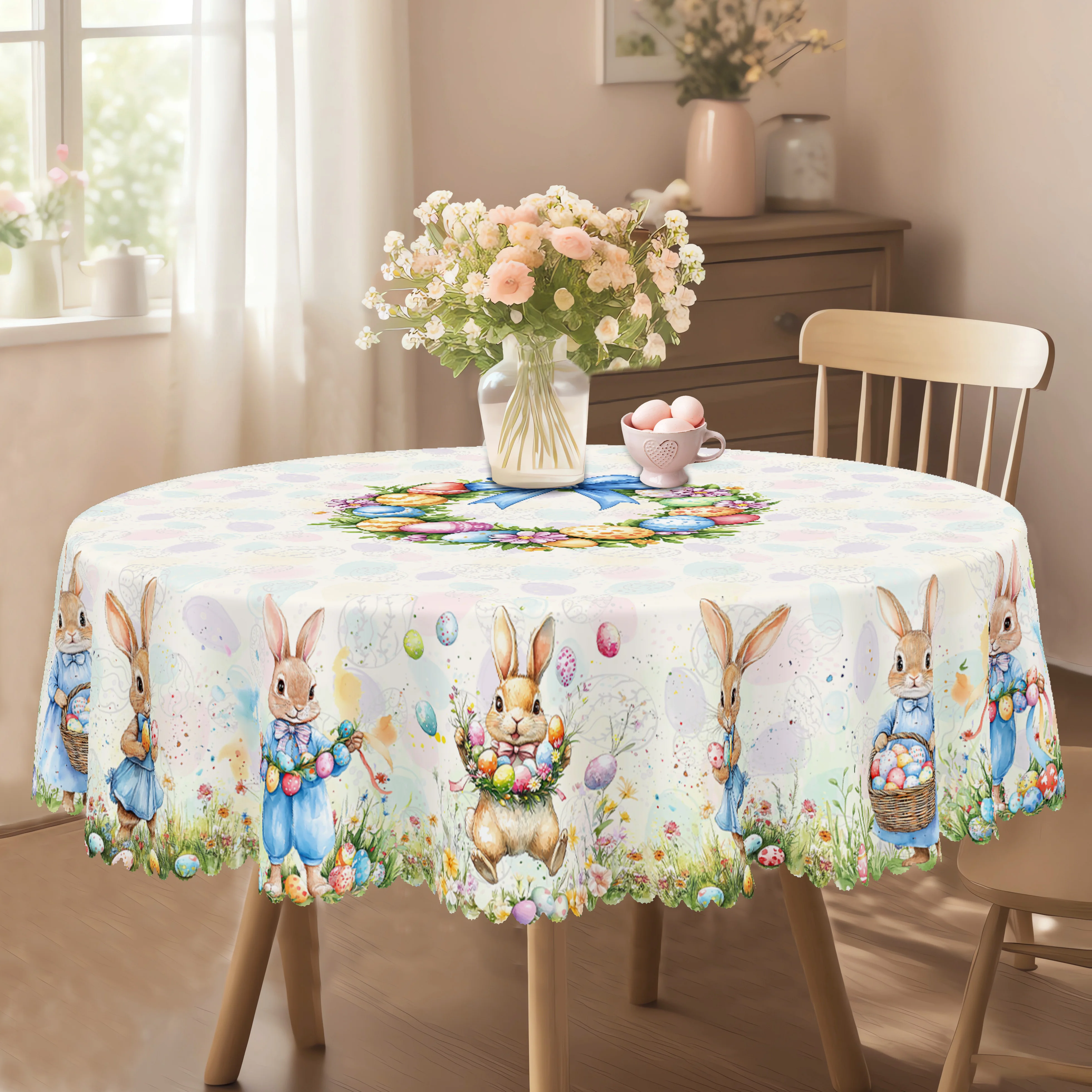 1 Piece Easter Egg Rabbit Round Tablecloth, 5 Sizes Available, Easter Egg Print Square Decorative Tablecloth, Edge Embossing Craft, Easter Spring Garden Tablecloth Decoration, Tablecloth for Daily Home Kitchen, Terrace Use, Easter Decoration 2