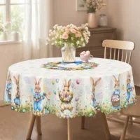 1 Piece Easter Egg Rabbit Round Tablecloth, 5 Sizes Available, Easter Egg Print Square Decorative Tablecloth, Edge Embossing Craft, Easter Spring Garden Tablecloth Decoration, Tablecloth for Daily Home Kitchen, Terrace Use, Easter Decoration 2