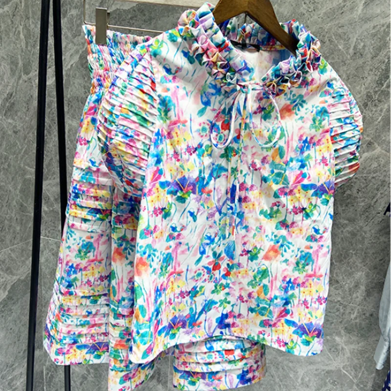 

Новый топ с принтом/плиссированная женская блузка с рукавами-фонариками