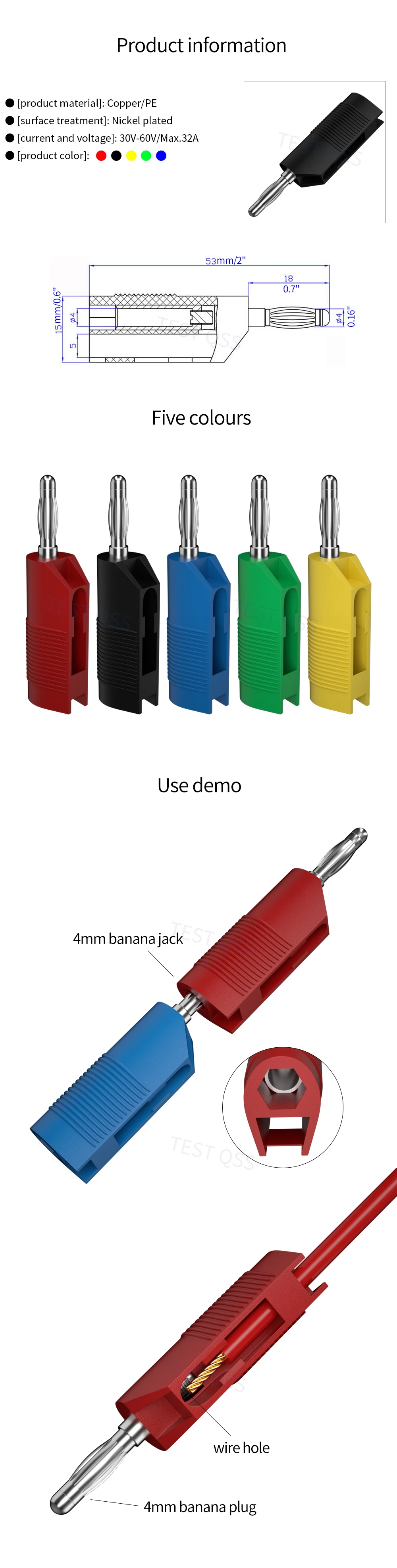QSS 5PCS 4MM Stapelbare Bananen Stecker Terminal Binding Post Elektrische Stecker Komponente DIY Werkzeuge 5 Farben Q.10032 – Detail 1