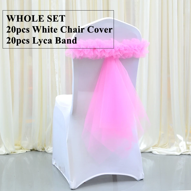 

New Style Whole Set 20 White Spandex Banquet Chair Cover With 20pcs Tulle Lycra Sash Band For Wedding Event Party Decoration