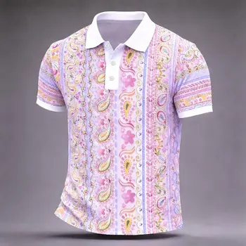 Polo da Uomo con Stampa Paisley 3D, Manica Corta, Colletto e Bottoni, Casual per Uso Quotidiano e Sportivo, Ideale per Primavera ed Estate