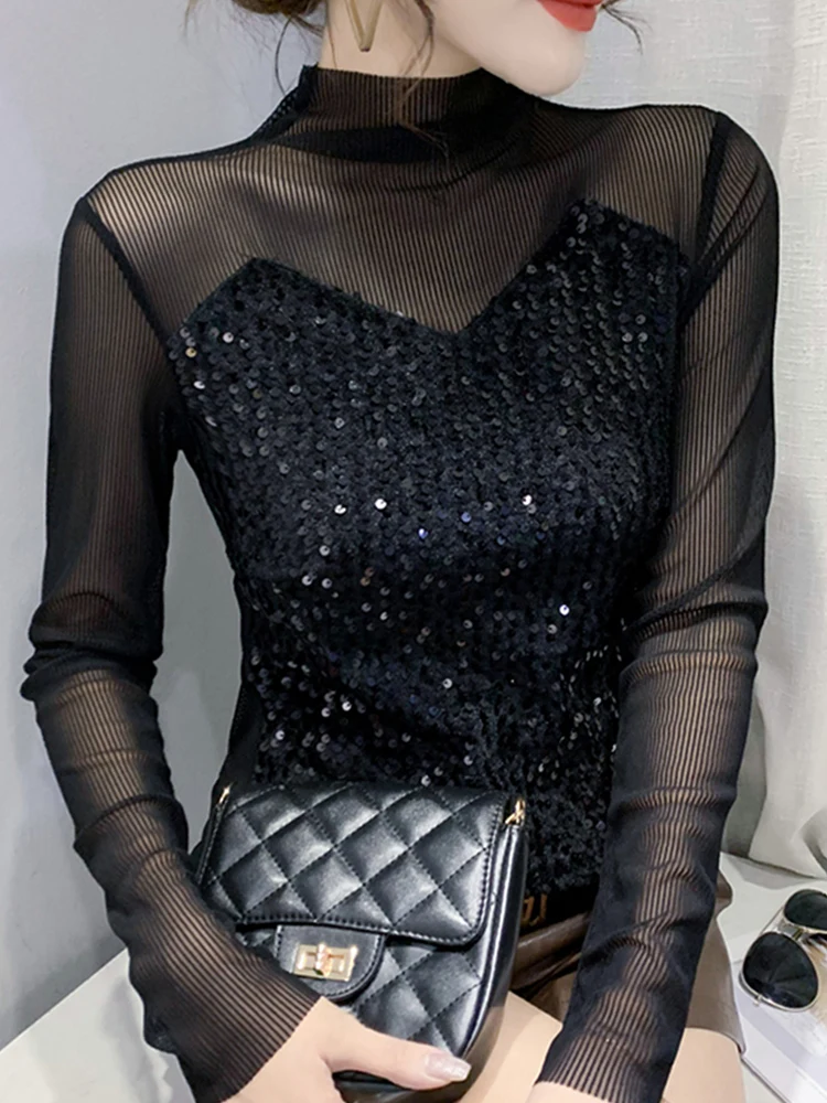 Nightclub Sle Me Splice Long Sve T-irt Women's Slim Fit iny Sequins Trendy Top Sexy Base irt Autumn Faion