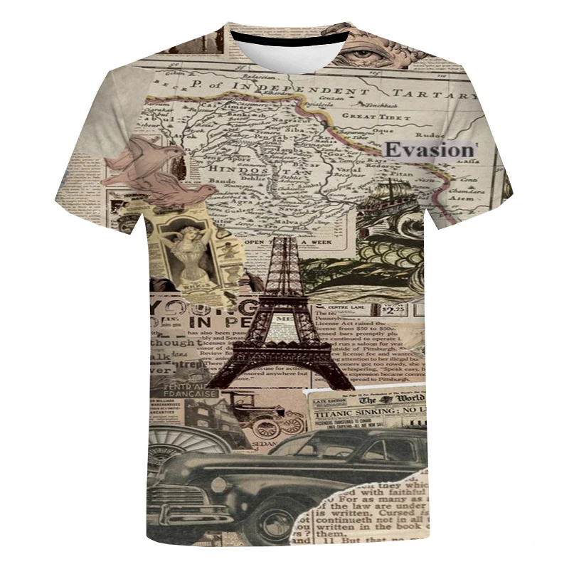 

Men's and Women's New Classic Retro 3D Newspaper Print T Shirt Oversized Street Trend Tops Casual Fashion Hip Hop T Shirt