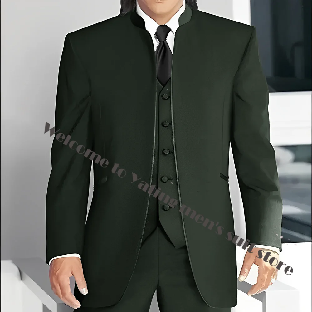 Middle East Stand Collar Men Suits Groom Wedding Tuxedos Black Men's Suit with 3 Piece Trim Fit Formal Wear Prom Men Blazer