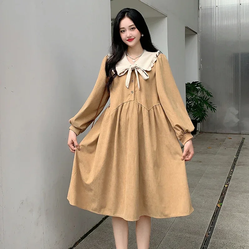 

Korean Style Pregnant Woman A-line Dresses Sweet Peter Pan Collar Bowknot Maternity High Waist Corduroy Dress Pregnancy Clothes