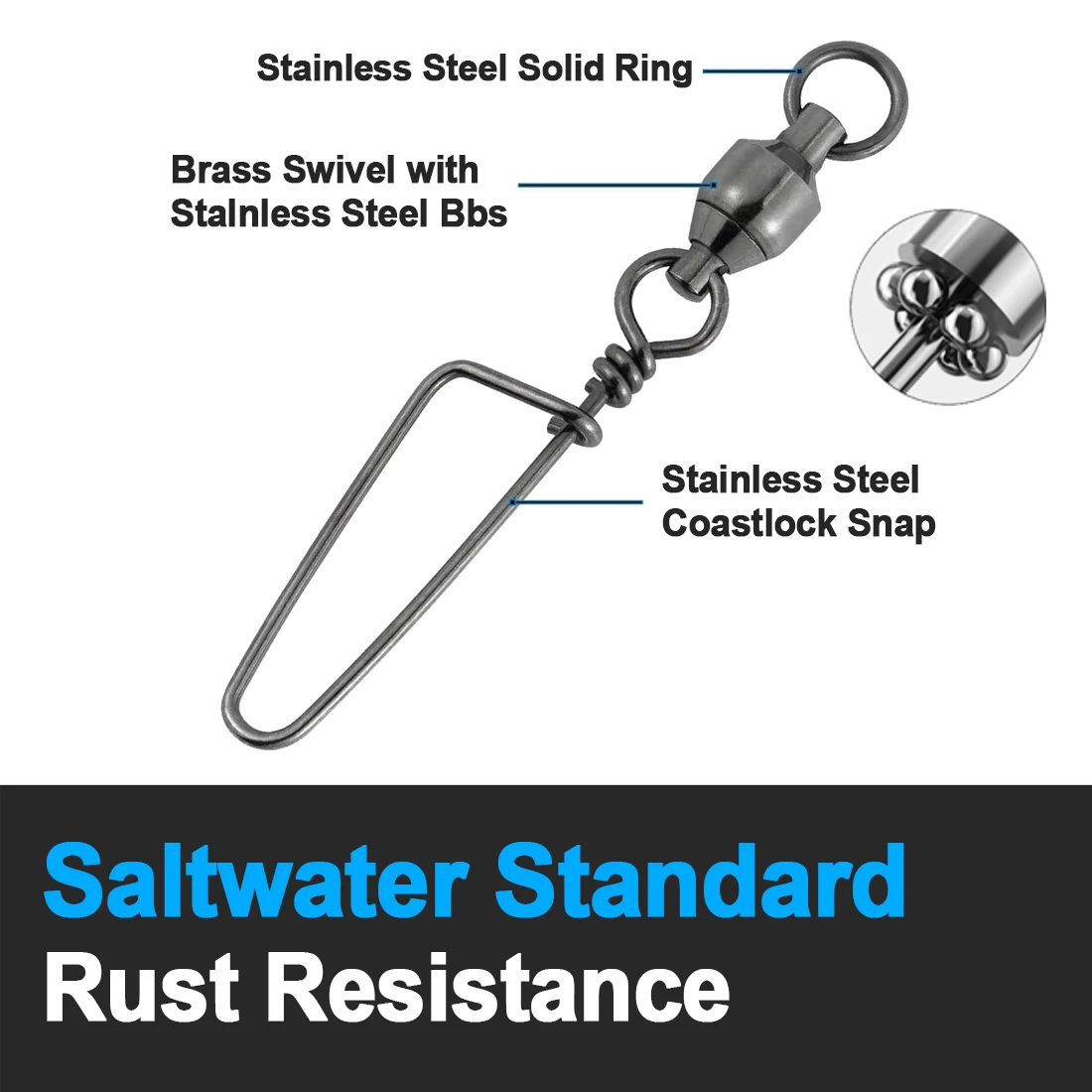 FishTrip Fishing Snap Swivels Ball Bearing Swivels with Stainless Steel Coastlock Snap Corrosion Resistant Black Nickel Coating 3