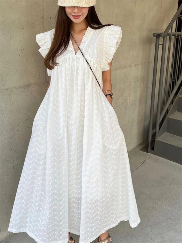 

White Polka Dot Dress for Women Sweet Summer Style Flying Sleeves Loose Casual Long Dresses Parisian Romantic Robe Argent