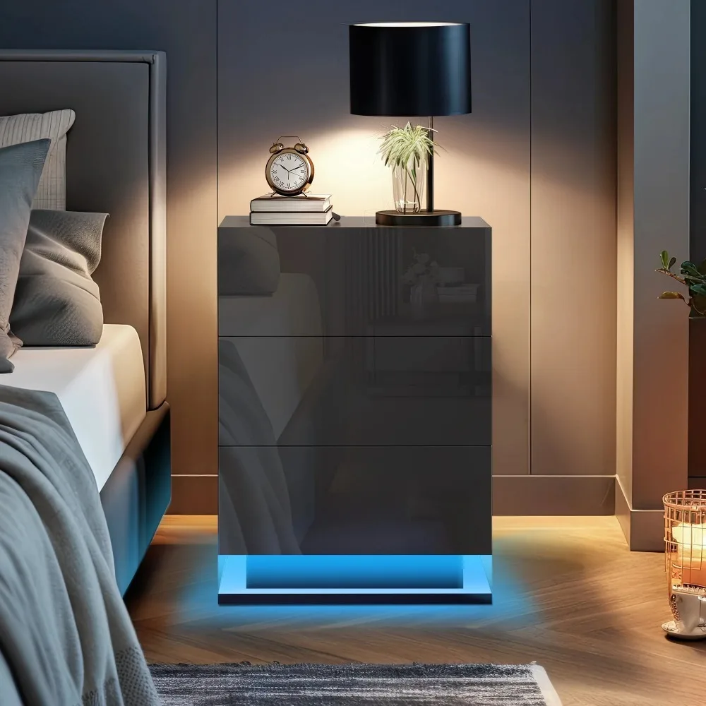 

3 Drawers Modern LED Nightstand 27 High Gloss Bedside Tables Nightstand With Drawer and Adjustable LED Light for Bedroom Coffee