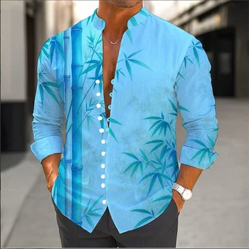 Camicia a maniche lunghe da uomo Cross Border Summer 3D Bamboo Print Flower Vintage Flip-Neck Manica lunga con bottoni 1