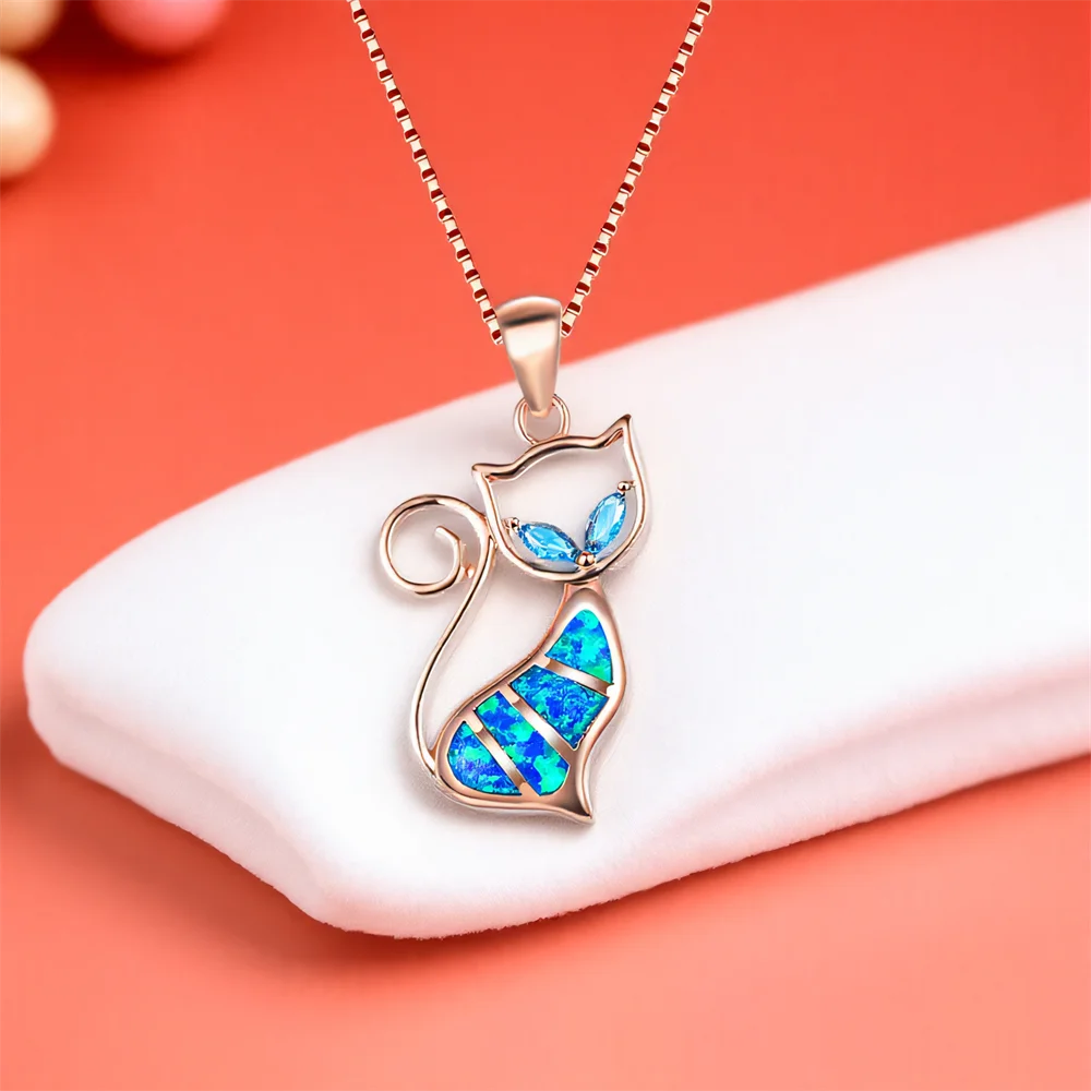 Cute Aqua Blue Small Cat Pendant Blue Opal Stone Necklaces For Women Vintage Rose Gold Color Box Chains Necklace Wedding Jewelry
