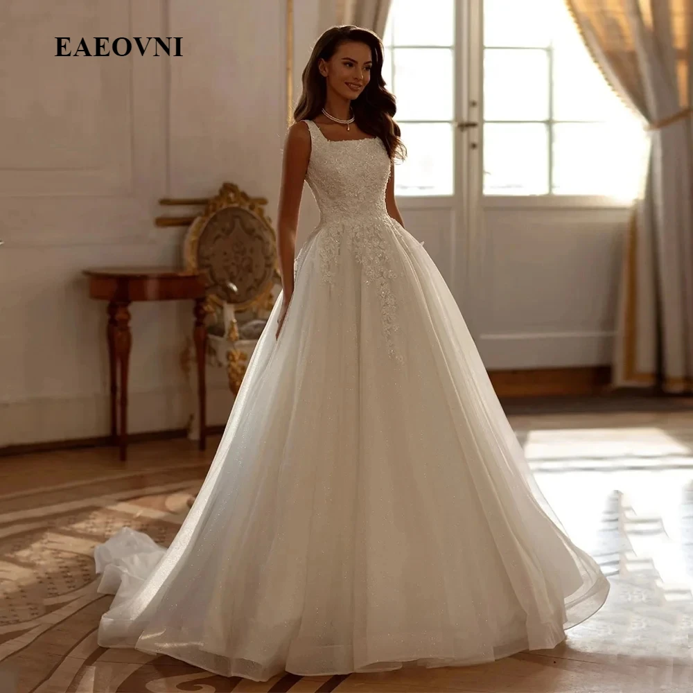 Elegant Square Collar Sleeveless Wedding Dress Glitter Lace Appliques Bridal Dresses A-Line Tulle Wedding Gowns Vestido De Noiva 1