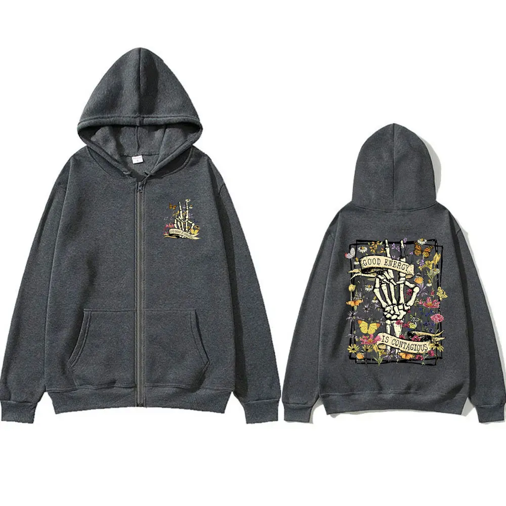 Good Energy Is Contagious Zipper Hoodie Male Fleece Sports Unisex Y2k Zip Up Jacket Men Women Fashion Casual Oversized Hoodies