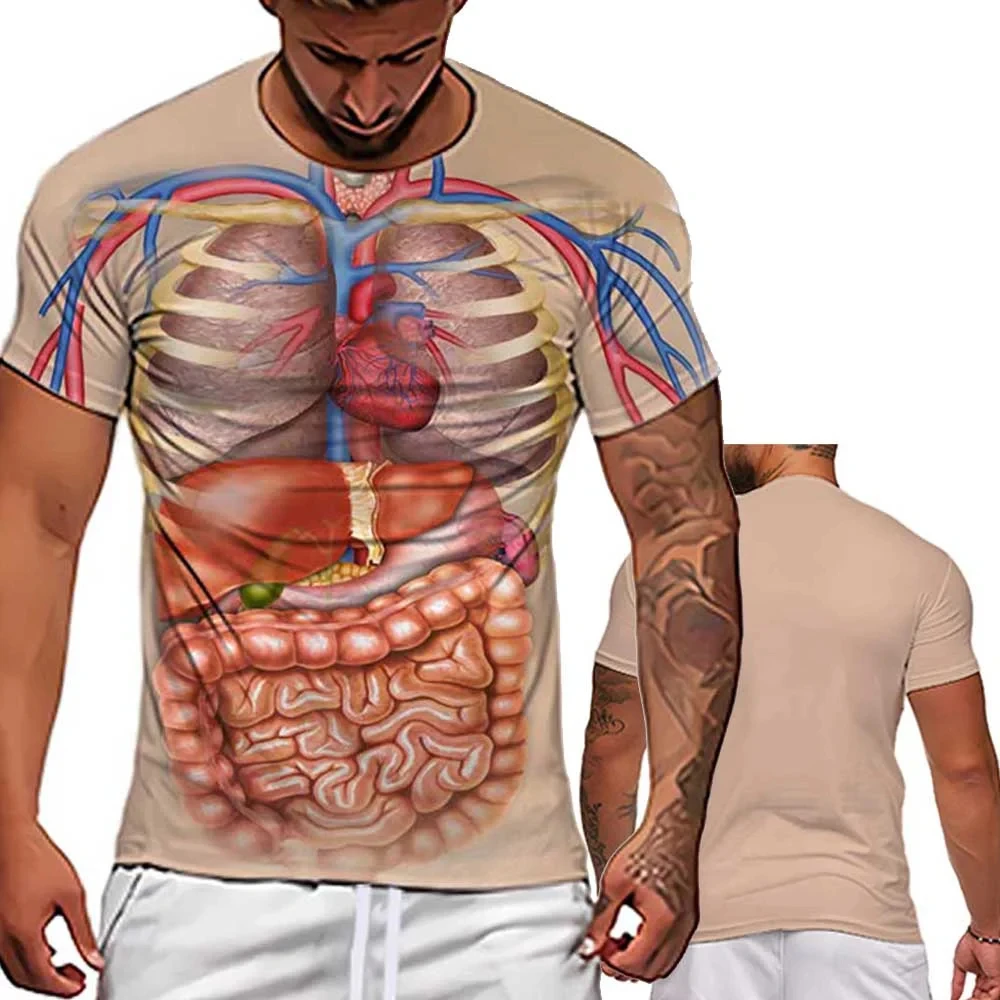 3D 인쇄 남성 해골 내부 장기 그래픽 T 셔츠 남성용 인간 구조 다이어그램 반팔 재미 있은 T-셔츠 탑 티