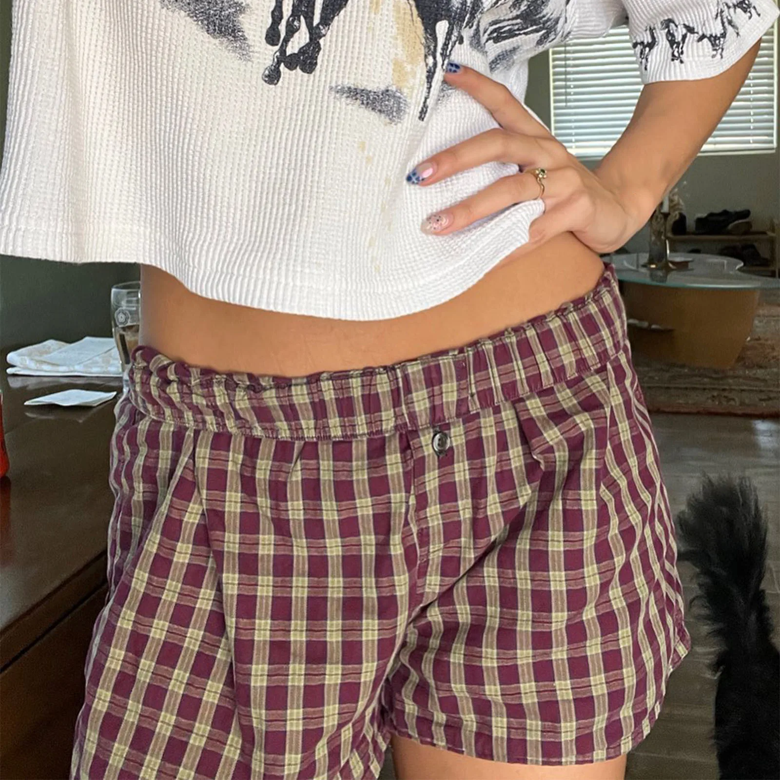 hirigin Women Y2k Gingham Boxer Shorts Stripes Button