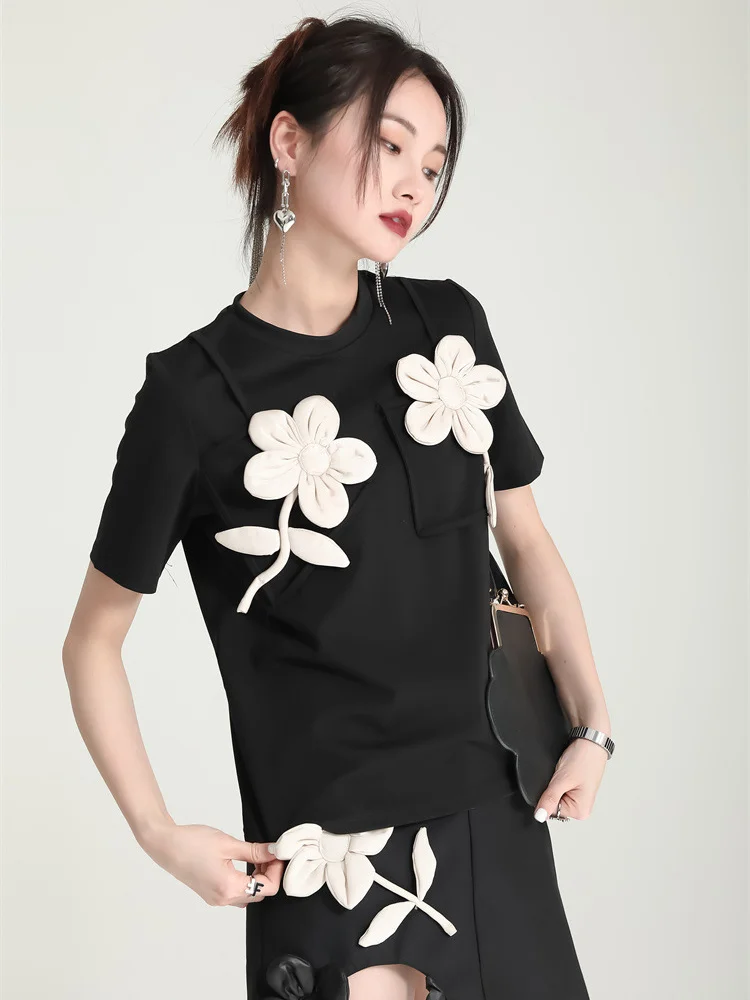 

Women Black Flower Spliced Casual Elegant T-shirt New Round Neck Short Sleeve Fashion Tide Spring Summer O039