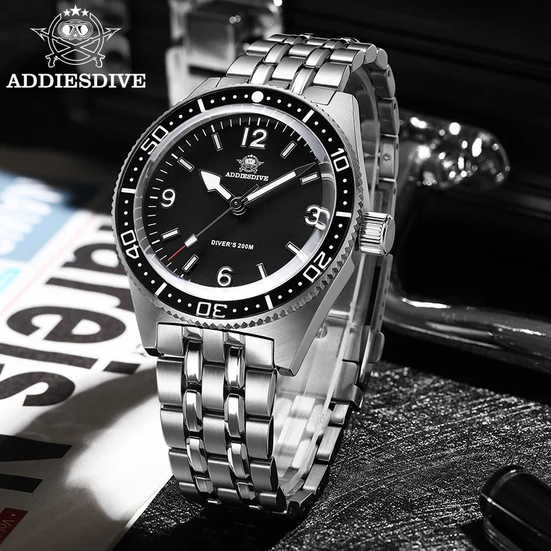 ADDIESDIVE New Business Dive Quartz Watch For Men 316L Stainless Steel Sapphire Wristwatch 20Bar Waterproof BGW9 Super Luminous addiesdive ad2033 quartz watches sapphire glass bgw9 super luminous 20bar diving 316l stainless steel men watches reloj hombre