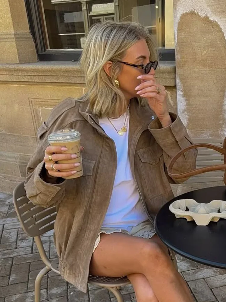 Women Vintage Suede Jacket 2025New Autumn Winter Fashion Long Sleeve Zipper Loose Coat Chic Female High Street Leisure Outerwear