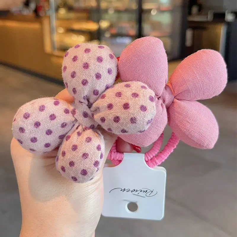 2025 봄 소녀용 4잎 꽃 모양 헤어 타이 부드러운 패브릭 탄력 밴드 우아하고 스타일리시한 하이 번 헤어 액세서리 필수품