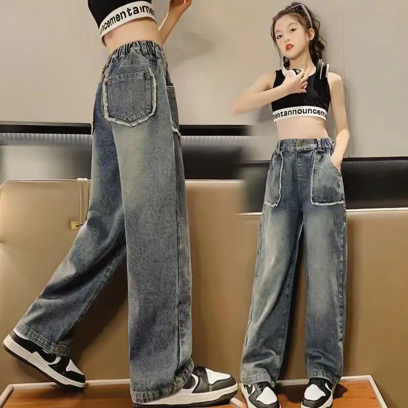 용수철 십대 소녀 데님 와이드 레그 팬츠, 어린이 바지, 캐주얼 청바지, 4, 6, 8, 10, 11, 12, 13 세 아동복, 여름