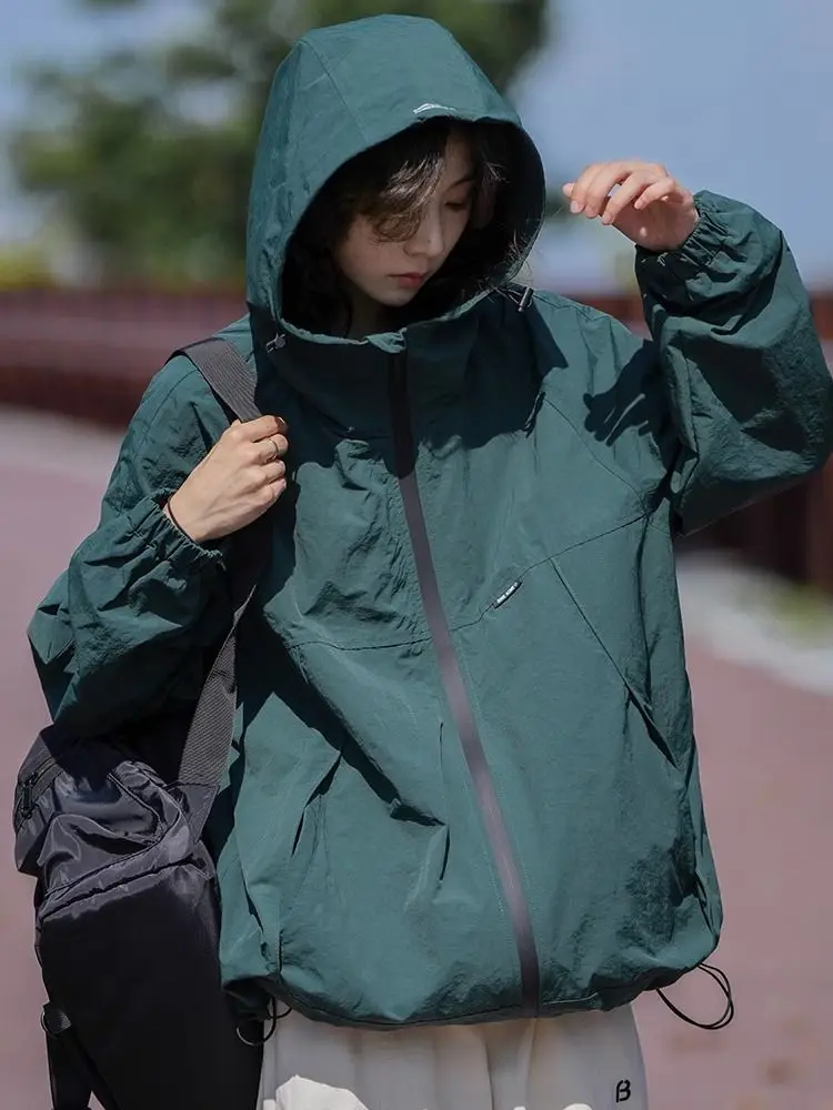 Vintage Hooded Trench Coat Outdoor Windbreaker Sweatshirt Men Women Design Sun Protection Jackets Zipper Long Sleeve Lace-ups
