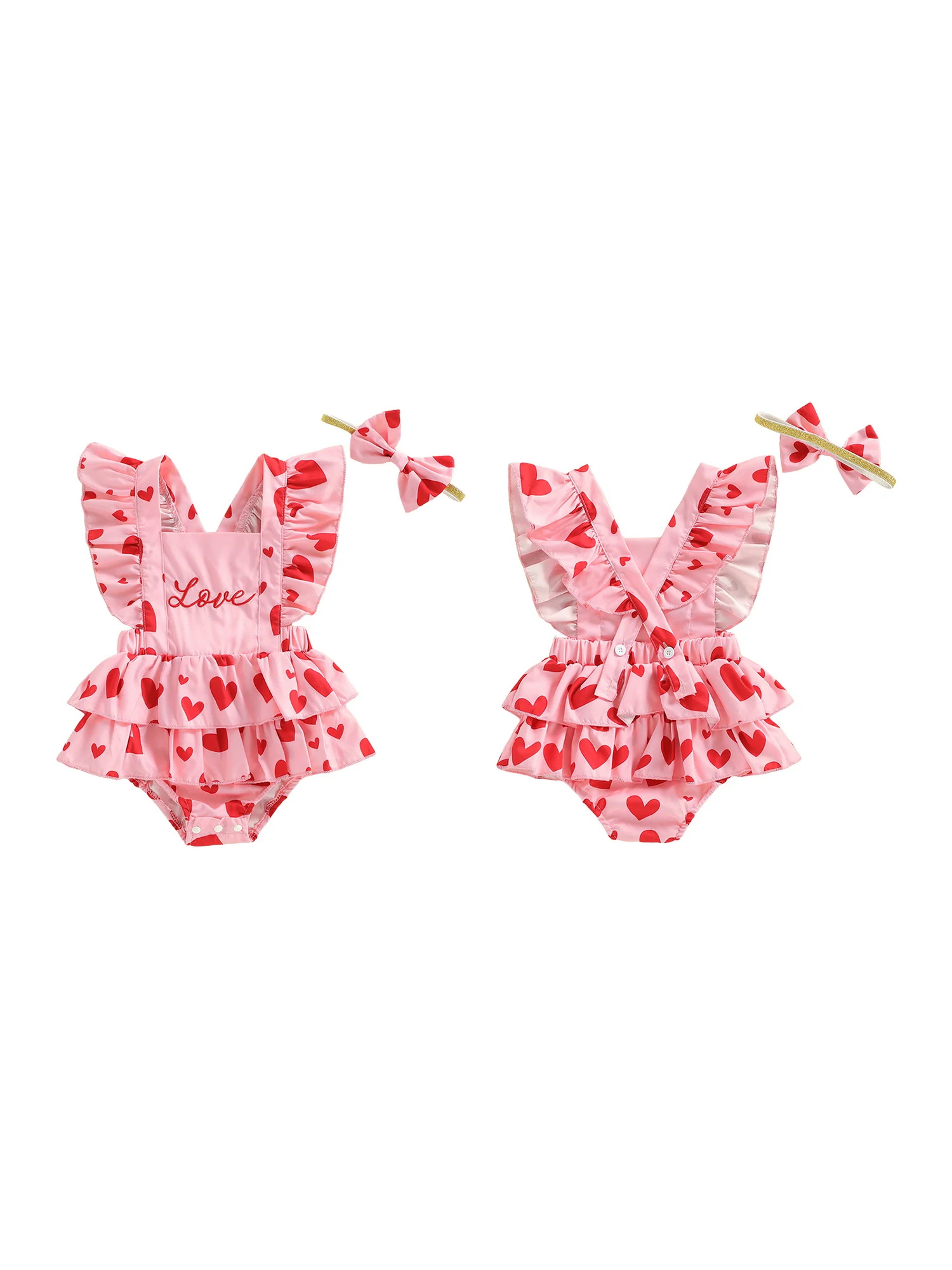 Toddler Girl Valentine s Day Dress Heart Print Ruffle Sleeve Square Neck Romper Bow Headband 2 Piece Outfit Set with Love