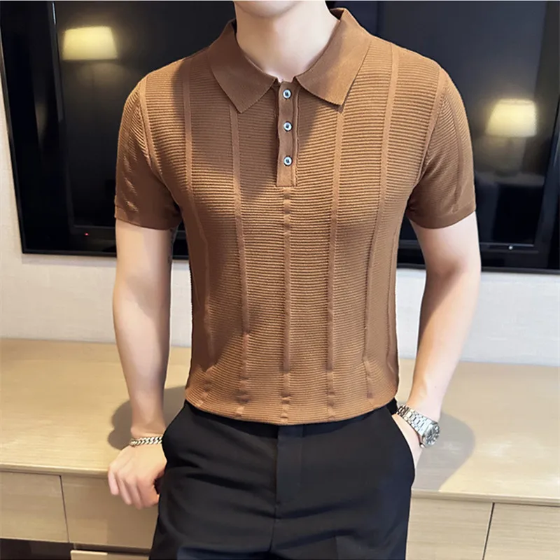 Men Summer Plaid Knitted Polo Shirts 2022 Vintage Green Short Sleeve Lapel  Tee Tops Elasticity Slim Casual Business Social Polos - AliExpress