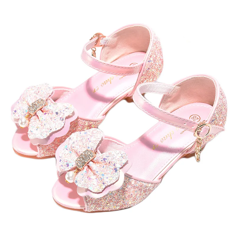 

Туфли принцессы для девочек, детские сандалии на высоком каблуке, с бантом, блестками и стразами, для танцев и представлений, летняя модная обувь