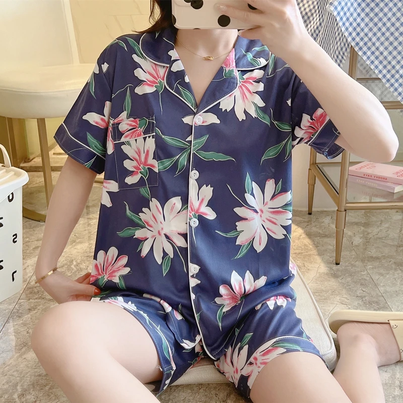 Women Pajamas Sets with Pants Short Sleeve Home Clothes Turn-down Collar Print Girl Pyjama Cute Cartoon Button Top+Pants Pijama | Женская