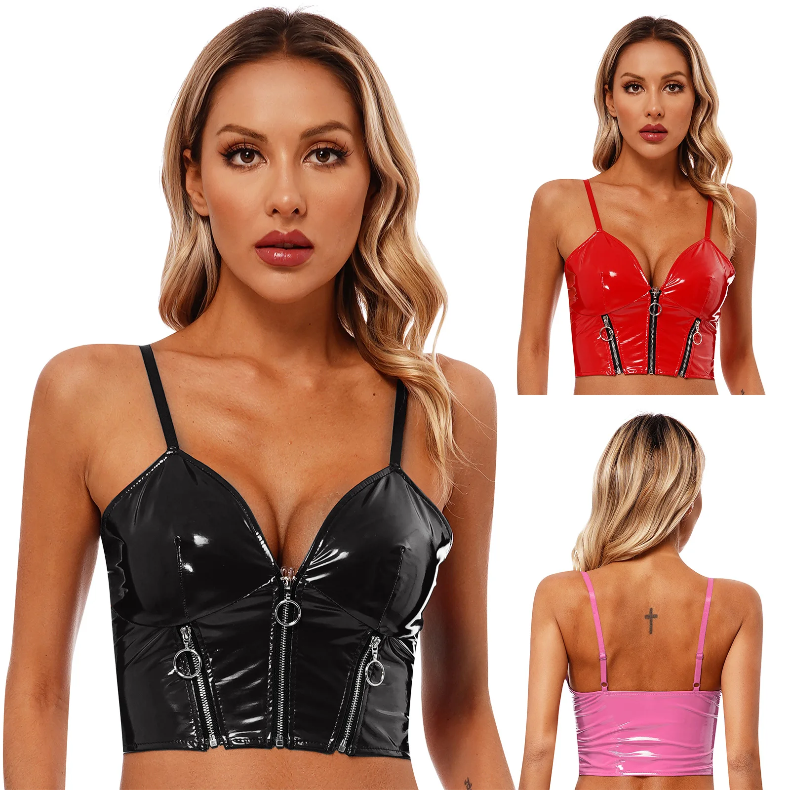Erotic Lingerie Womens Glossy Patent Leather Crop Top Deep V Neck Front Zipper Backless Sling Vest Sexy Camisole Nightclub Rave Party Costume