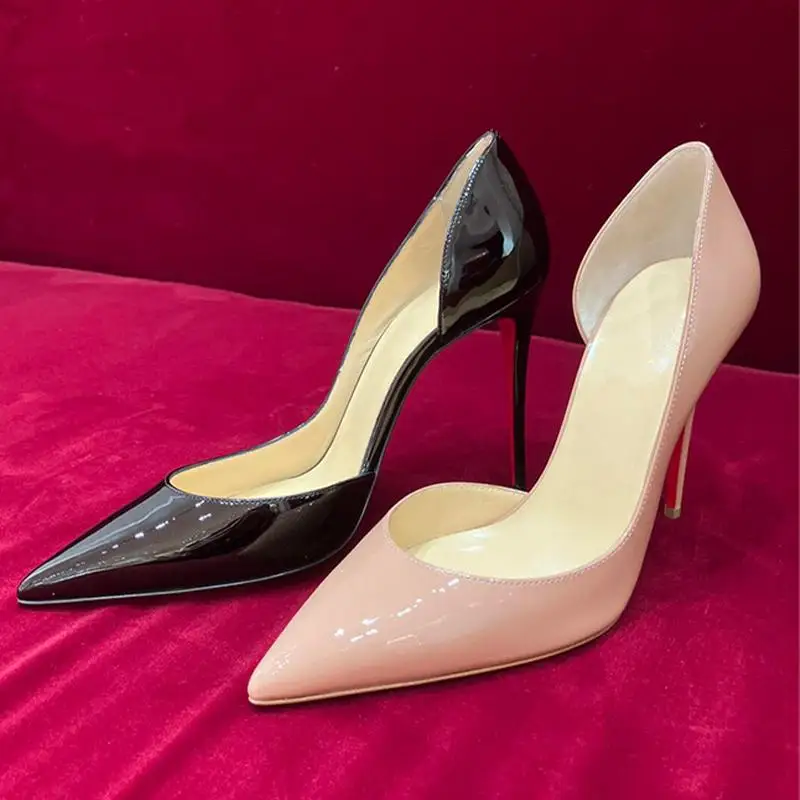 Side Empty Single Shoe Women's 25 Spring New Sexy Black Patent Leather Pointed Shallow Mouth Slim High-heeled Shoes 2