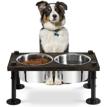 Raised Dog Bowl Stand for Large Dogs | 2 Stainless Bowls & Waterproof Wood Base | Rustic Brown & Durable 1