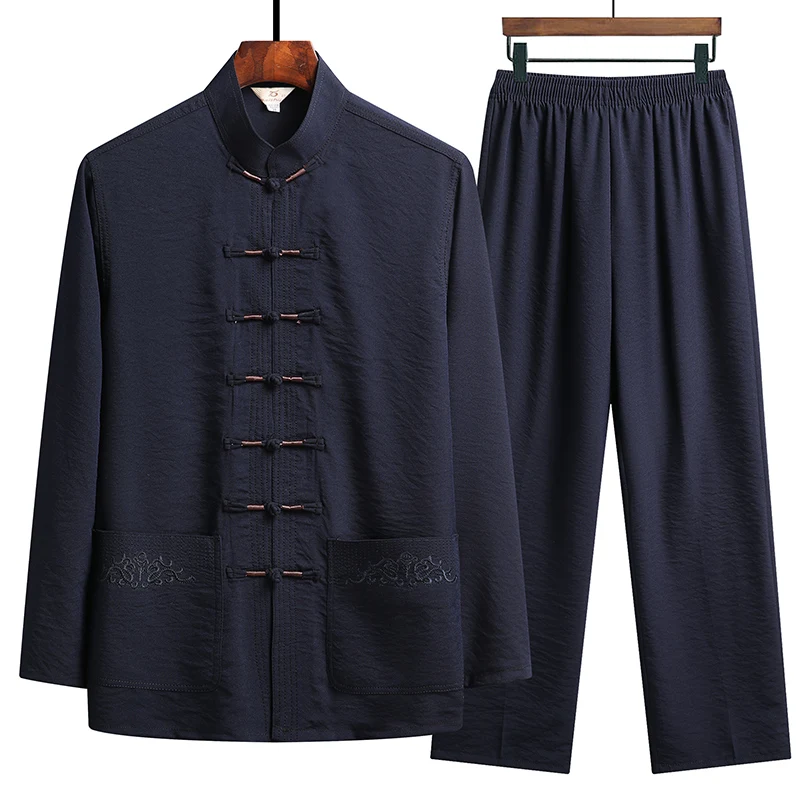 Chinese Style Cotton Linen Tang Suit Casual  Spring Autumn Men's Long-sleeved Shirt Pants Two-pieces Fashion Men Sets 4