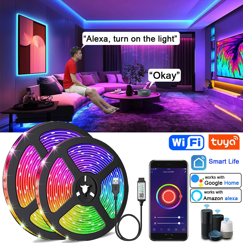 Bande LED WiFi 30M Ruban LED RGB contrôlée par APP de Smartphone Fonctionne  avec Alexa Google Assistant Bande Lumière LED pour Décoration Maison