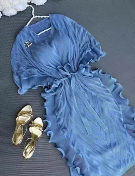 2025 Lady Luxury Miyake Pleated V-Neck Dress Women's Summer Waist Slim Slim Fungus Elegant Edge 1