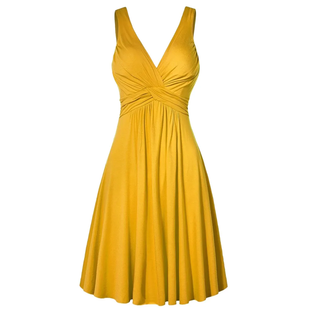 

Women's Elegant Vintage Pleated Slim Waist Party Halter Flared Dresses Fashion V Neck Large Size Solid Color Temperament Dress
