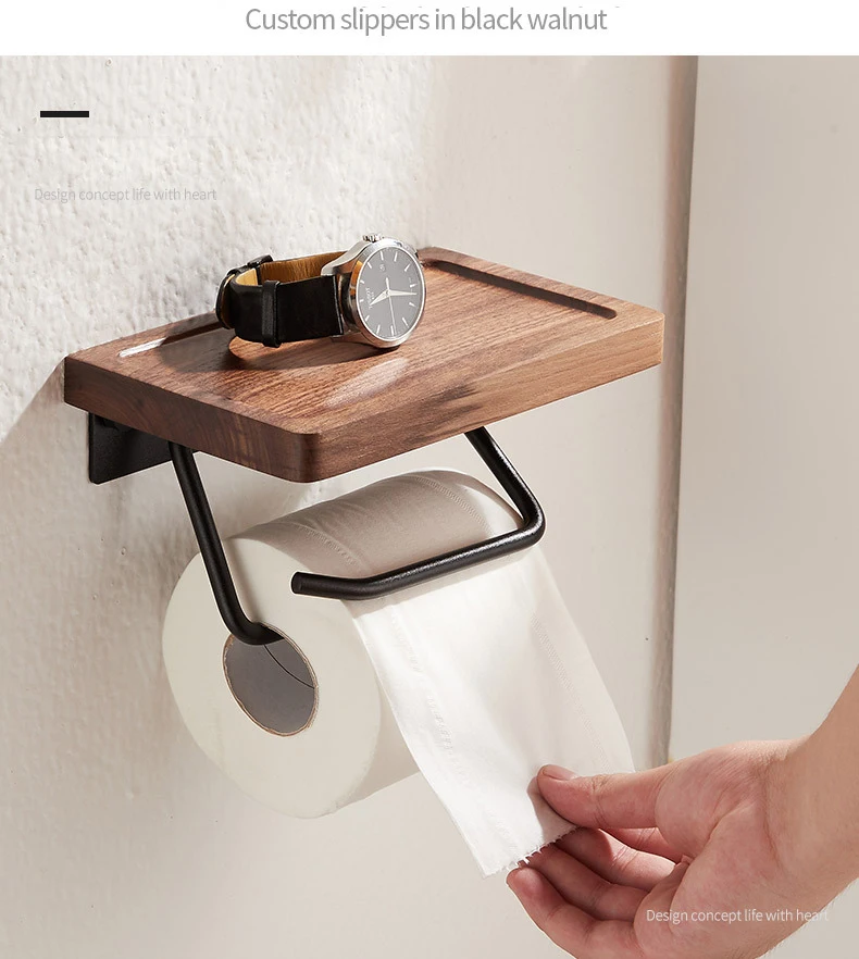 Black Walnut Wooden Roll Paper Rack Bathroom Wall Mounted Toilet Phone Holder 