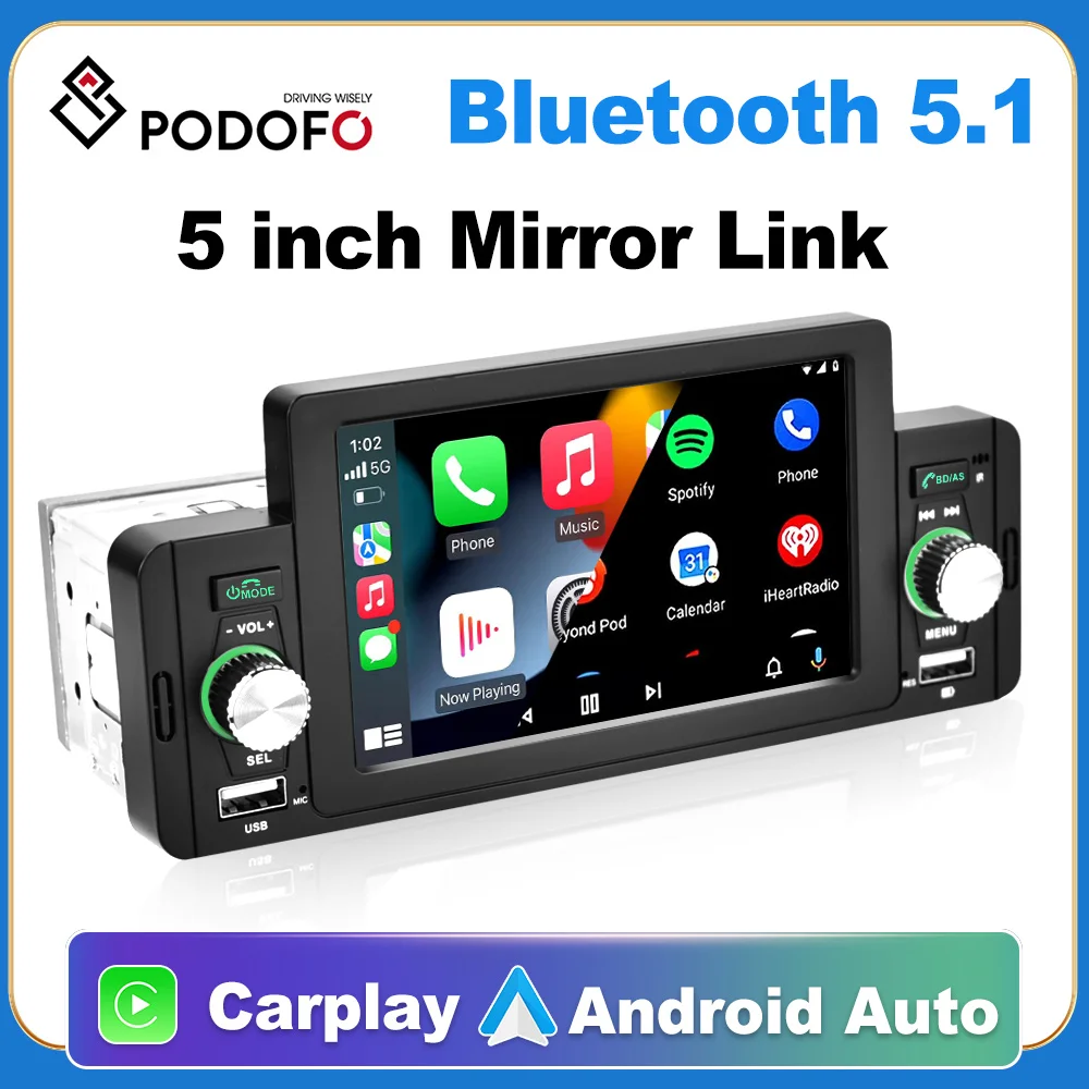 Podofo 5 zoll Auto Radio 1 Din CarPlay Android Auto-Multimedia-Player  Bluetooth MirrorLink FM Empfänger Für Volkswagen Nissan