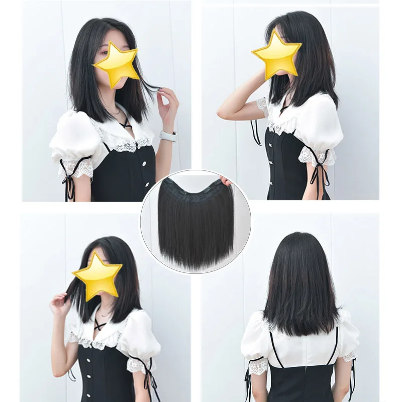 One-pieces Clip Synthetic Hair Extensions Women Hairpieces Half Wig Female Invisible u-type Short Straight Extension images - 6