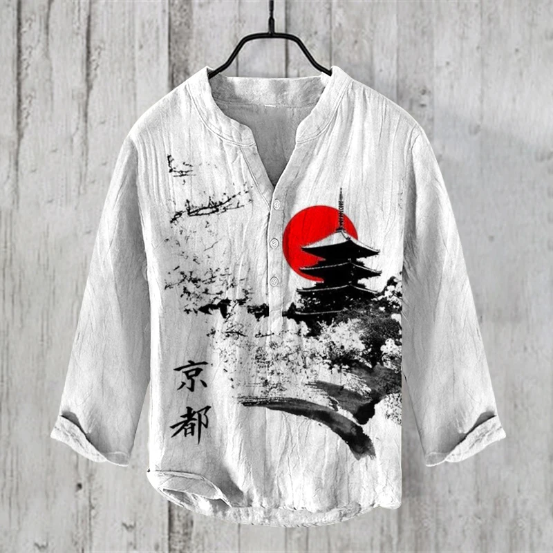 

fashion Japanese-style art Print Vintage Henley Shirts Men's Casual Button-Down long Sleeve v- neck Shirt Man Tees