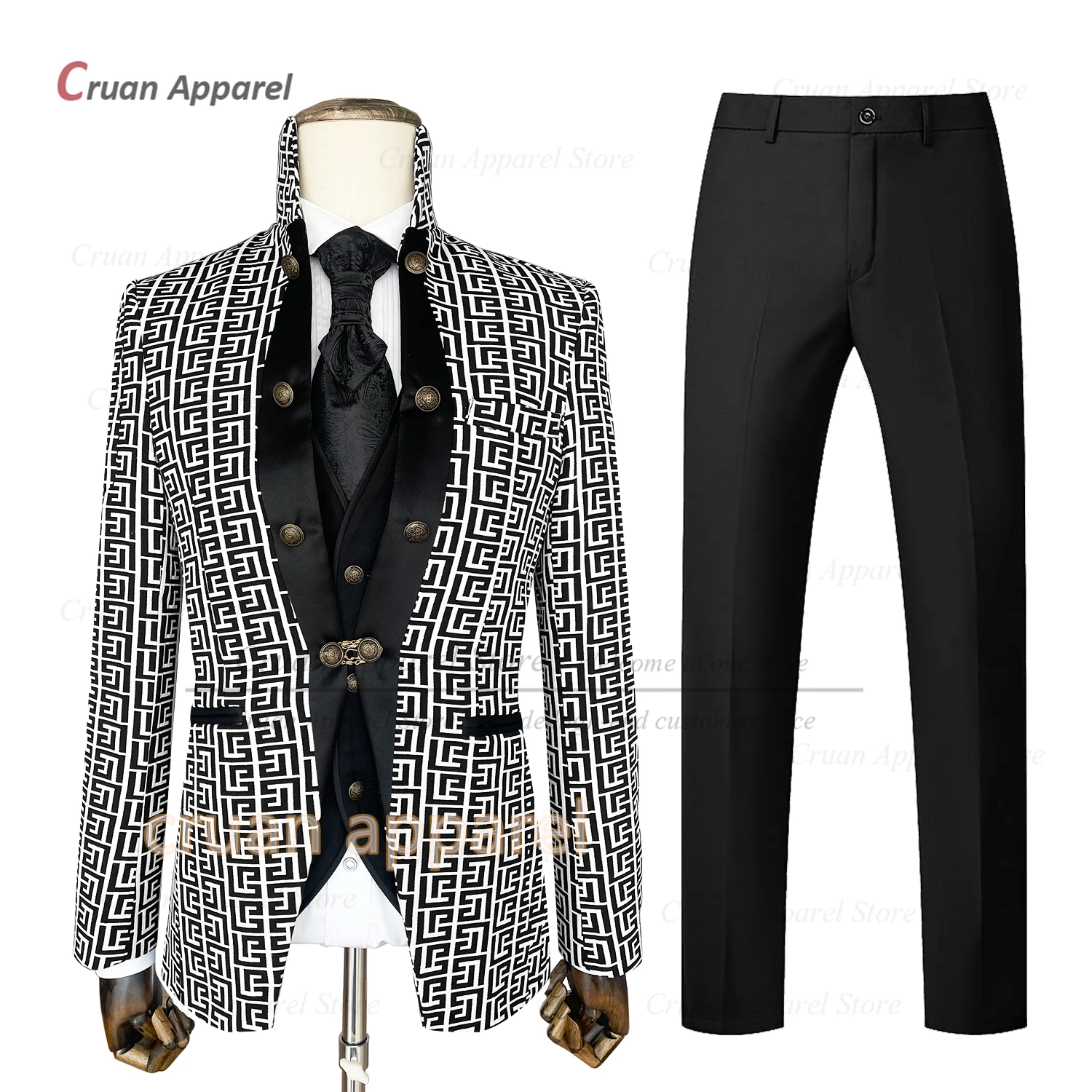 

Luxury Men Suit Sets Evening Dinner Fashion Stand Collar Blazer Vest Pants Three Pieces Banquet Tailor-made Slim Fit Costumes