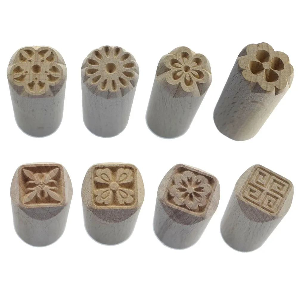 Pottery Stamp 8 Design Daisy Flower Baroque Morroco Square Texture Polymer Clay Stamp Emboss Wood Seal Block Ceramic Art Tool
