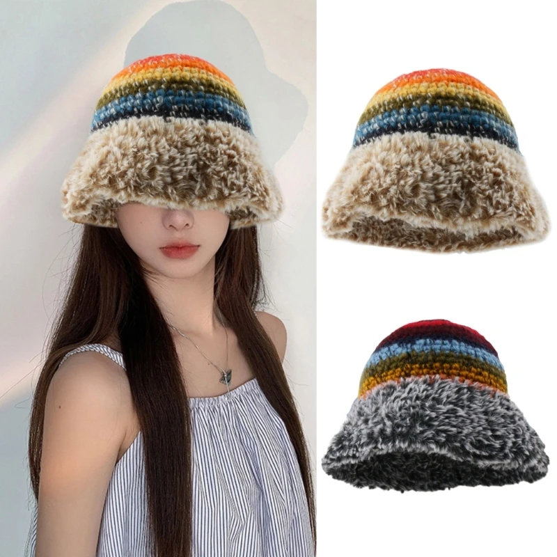 

Sweet Girls Crochet Stripe Pattern Bucket Hat Ladies Fisherman Cap Color Matching Woman Teens Winter Windproof Hat