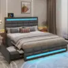 Queen LED Bed Frame with 4 Drawers and 2 USB Charging Station, Upholstered Platform Queen Size Bed Frame, Dark Grey 1
